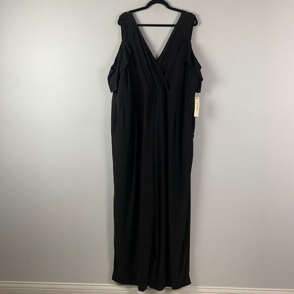 Kiyonna Black Cold Shoulder Jumpsuit Size 4X V Neck Wide Leg Stretch - Picture 1 of 12